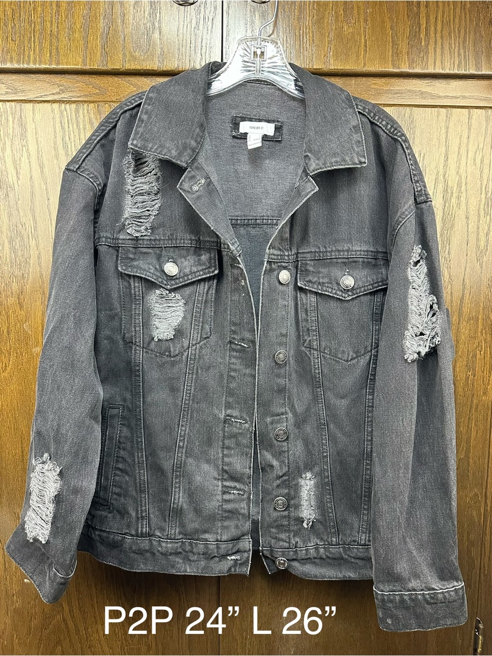 Forever 21 Distressed Black Denim Jacket-oversized